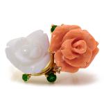 桃珊瑚×白珊瑚×グリーンガーネット×ローズカットダイヤリング「白バラと紅バラ」<br><br>新しくおつくりします<br>